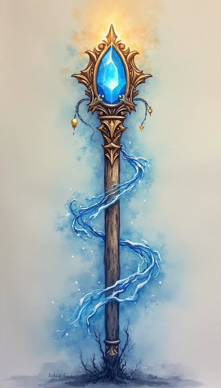 Magical Wooden Staff with Blue Gem - Creative AI Artwork