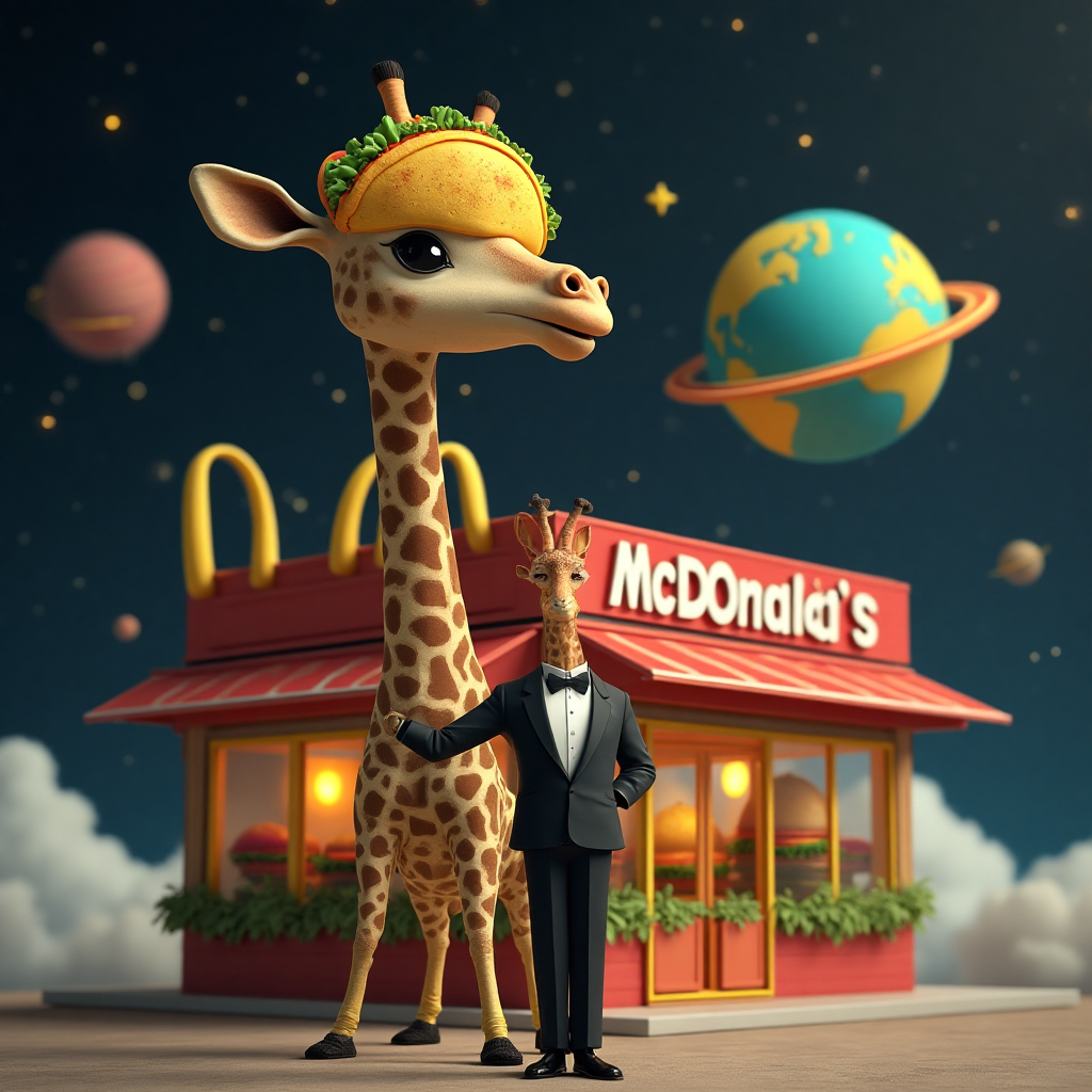 Imaginative AI Art: Giraffe in Tuxedo at McDonald's in Space
