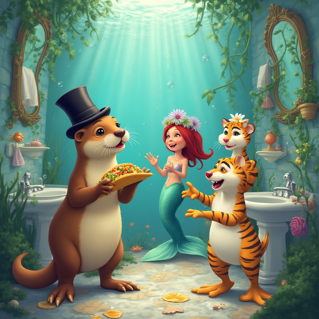 Whimsical Underwater Bathroom Scene with Dancing Characters