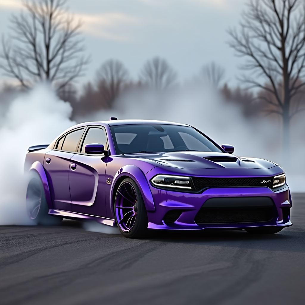 Creative AI Image of a Plum Crazy Dodge Charger Drifting