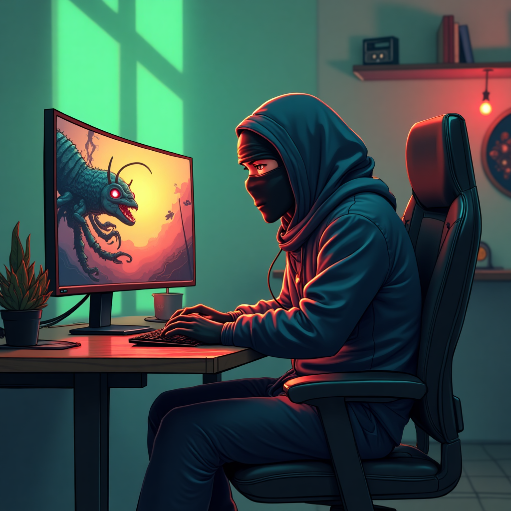 Creative AI Art: Ninja Gaming with a Blue Lobster and Monster
