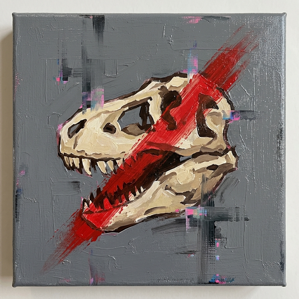 Explore AI Art: T-Rex Skull with Glitch Effects for Kids
