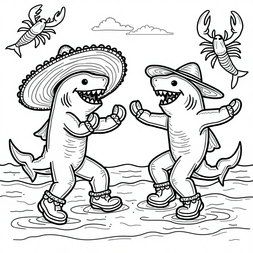Colorful Sharks Taco Party Coloring Page for Kids