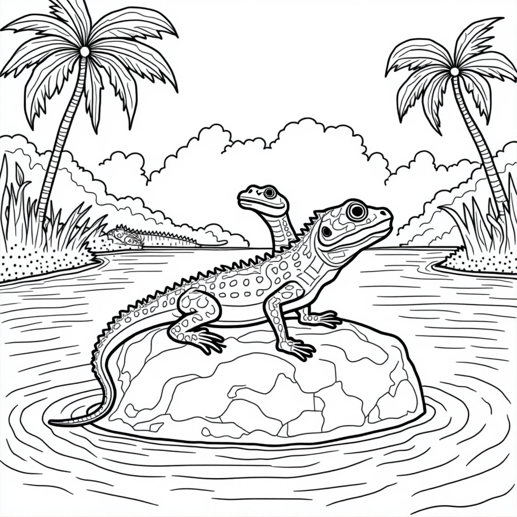 Coloring Page: Tropical Forest Adventure with Lizard and Snake