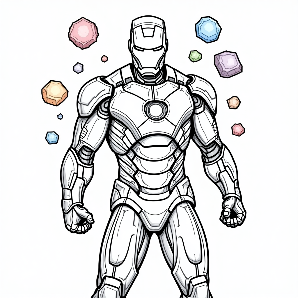 Coloring Page: Iron Man in Space with Infinity Stones for Kids