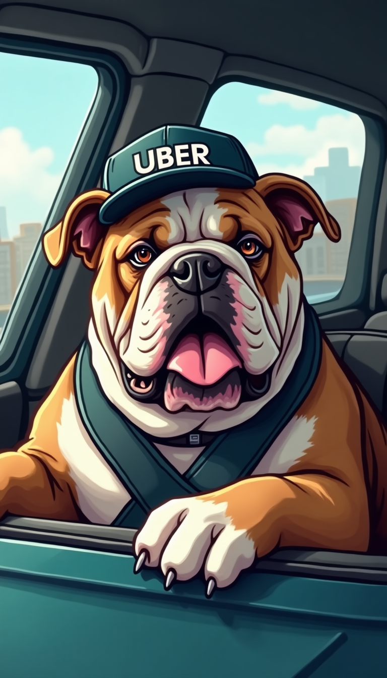 Creative AI Art: Bulldog Driving Car with Uber Cap