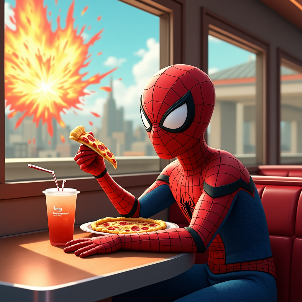 Spider-Man Enjoys Pizza in a Diner – Creative AI Art for Kids