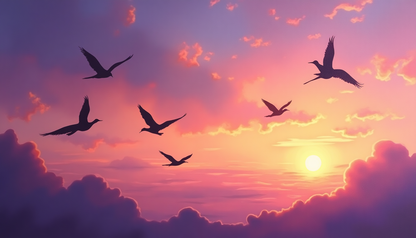 Stunning Oil Painting of a Dusky Evening Sky with Birds