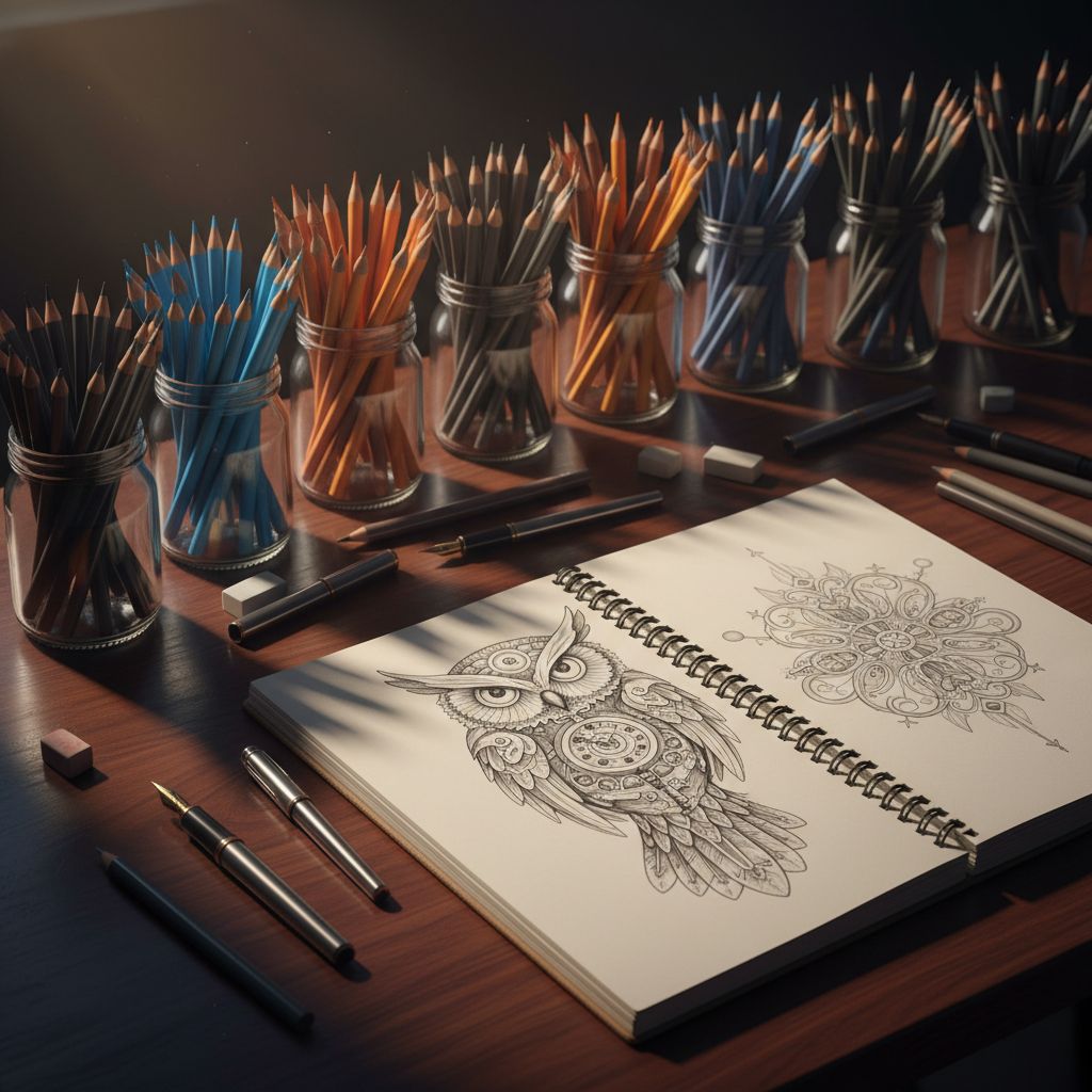 Creative Workspace: Exploring Artistry with Pencils and Pens