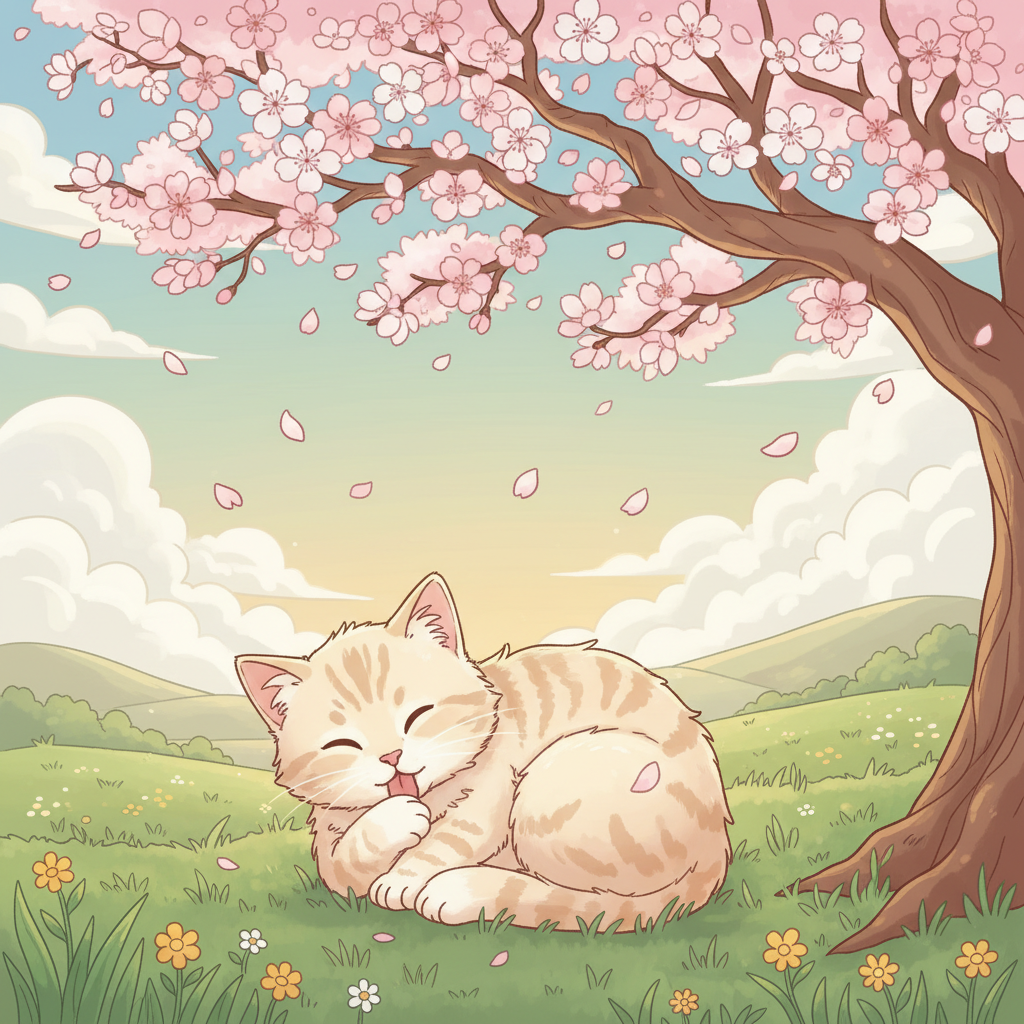 Calm Kitten Under Cherry Tree - AI Art for Kids