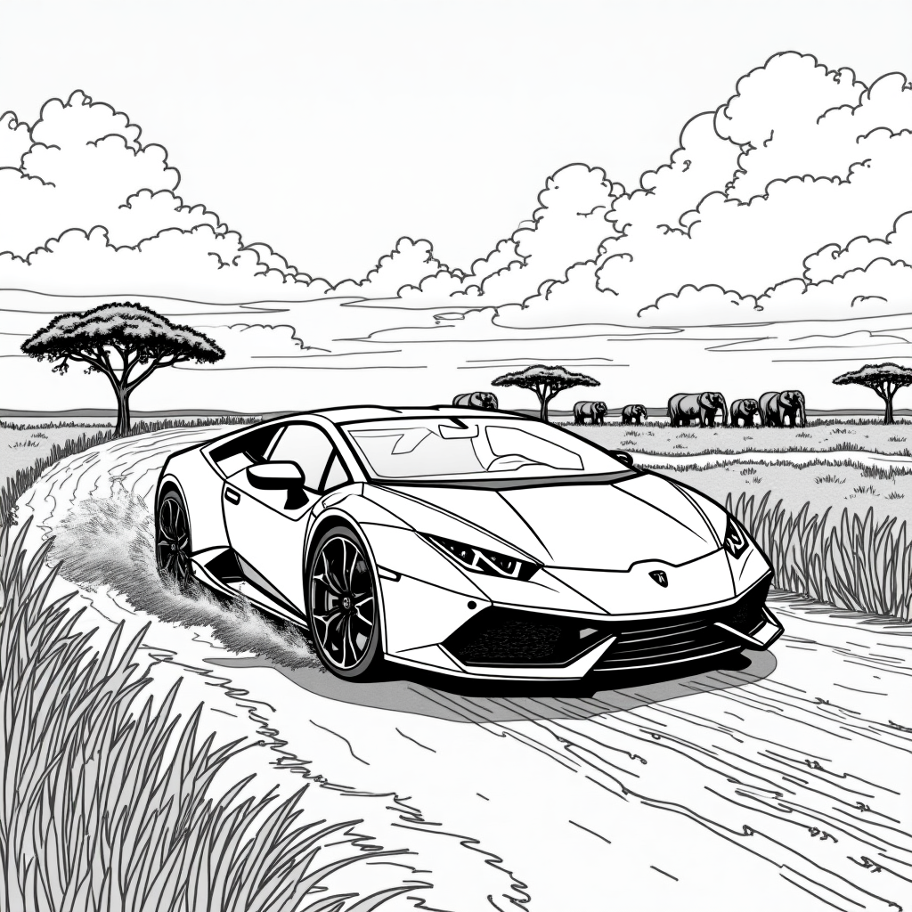 Coloring Page: Lamborghini on African Savannah Adventure