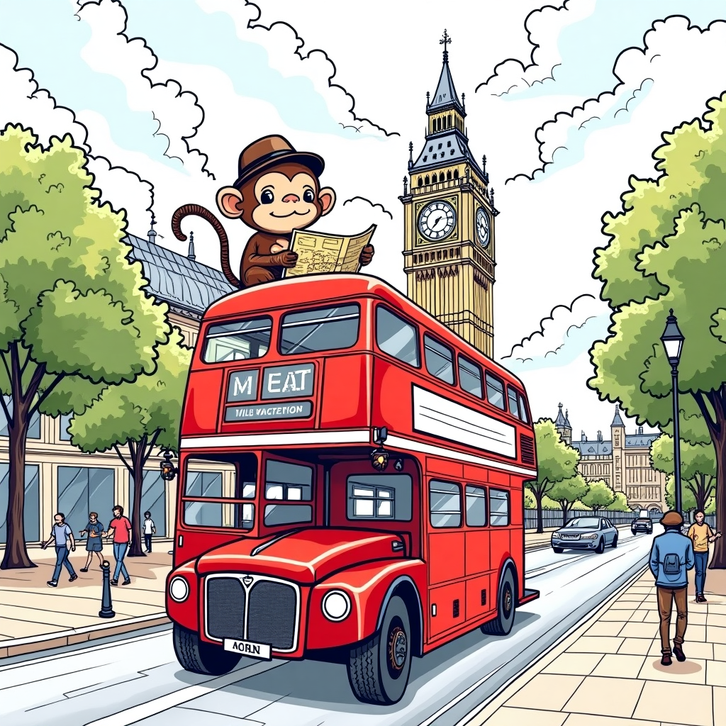 Coloring Page: Monkey on a Double-Decker Bus in England