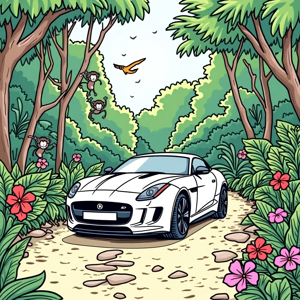 Coloring Page of F-TYPE Coupe Jaguar in Lush Jungle Adventure