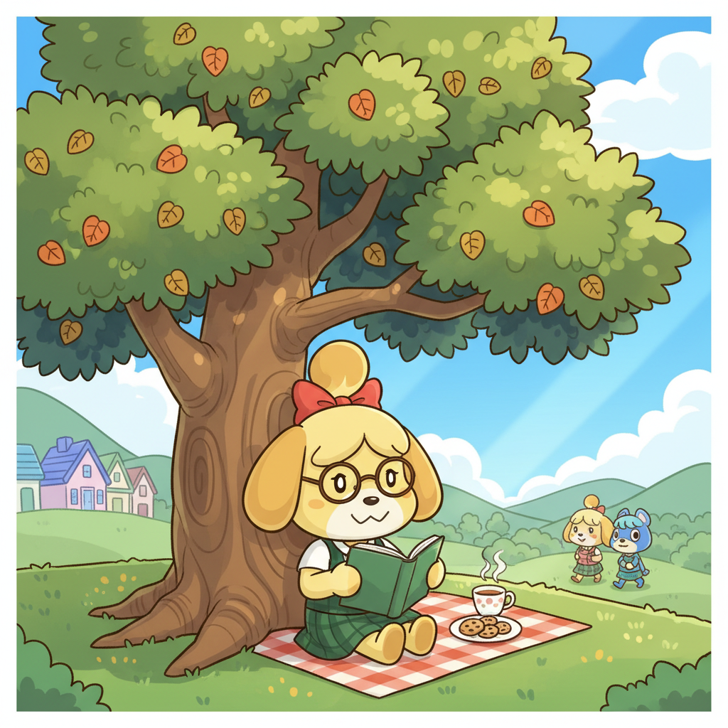 Isabelle from Animal Crossing Reading Under a Tree - AI Art